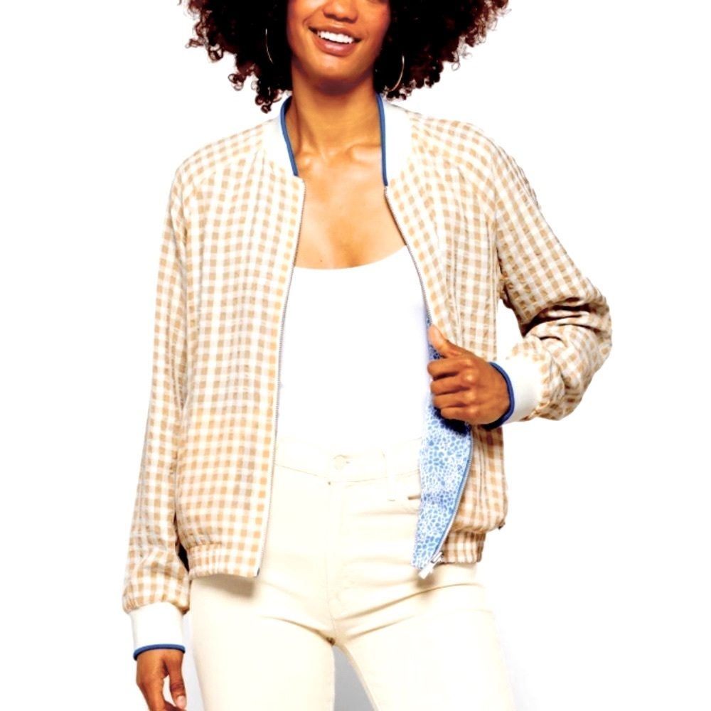 Scotch & Soda Beige Gingham Bomber Jacket with Blue Trim